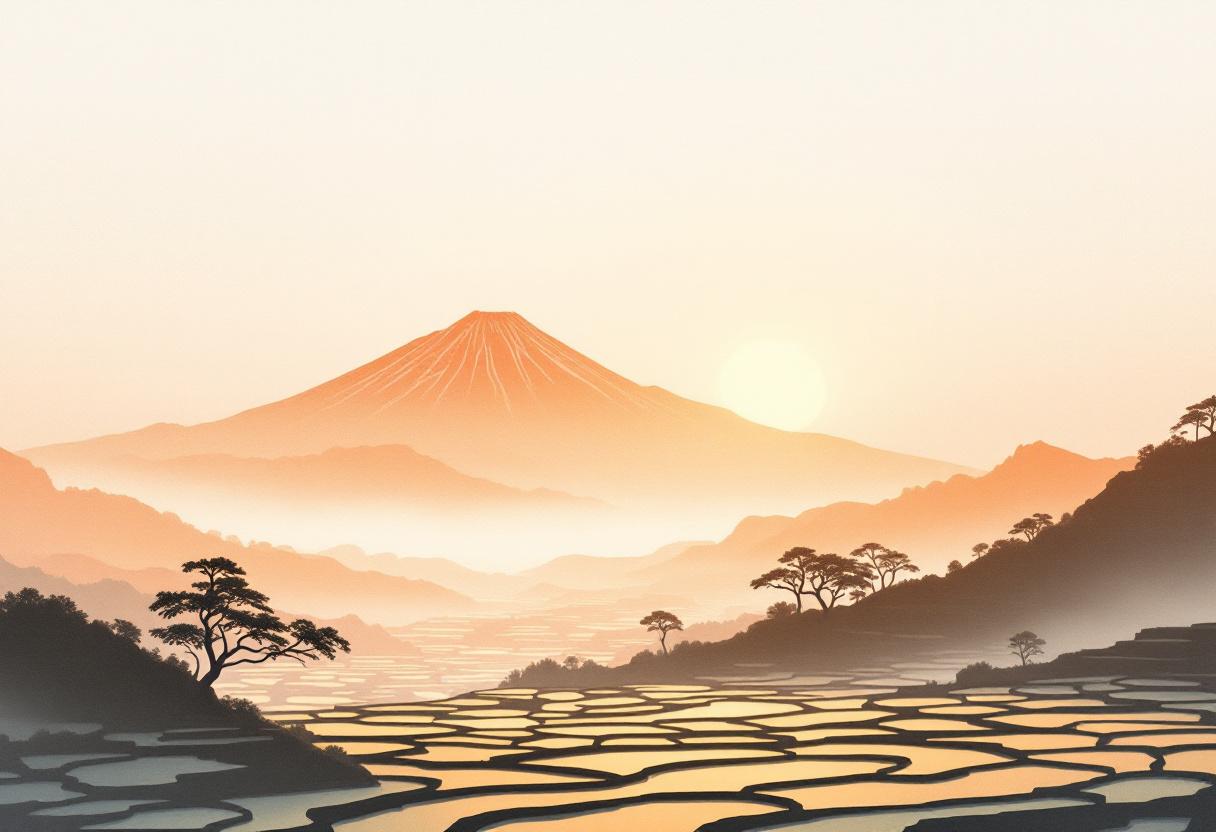 Fujisan en rijstvelden