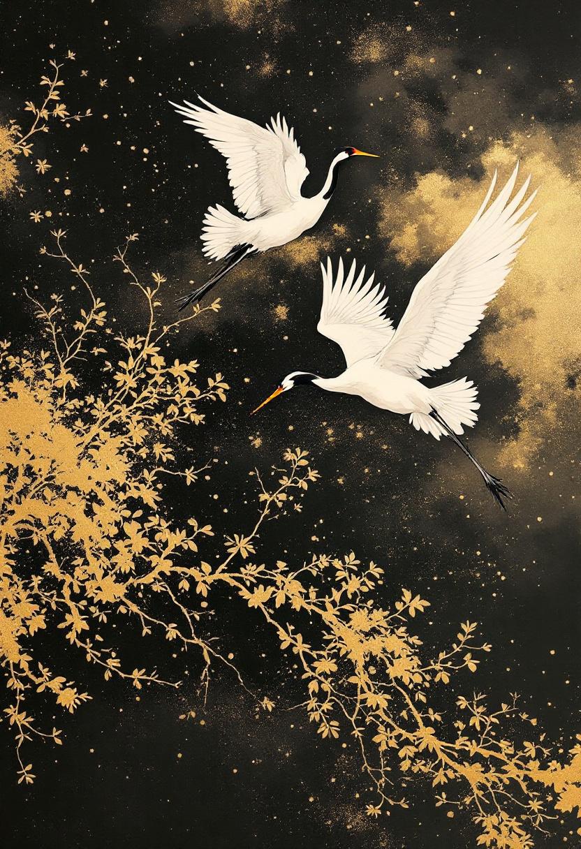 Kraanvogels met gouden achtergrond