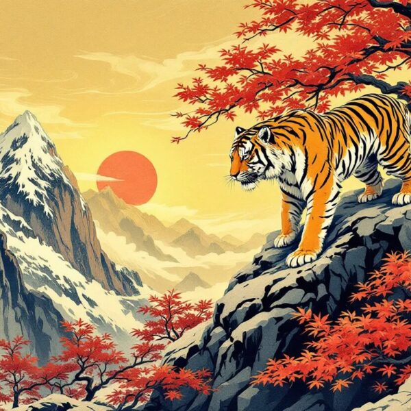 Tijger en bergen ukiyo-e