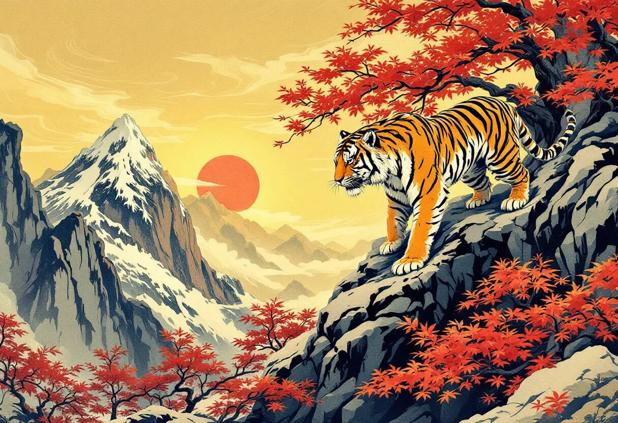 Tijger en bergen ukiyo-e
