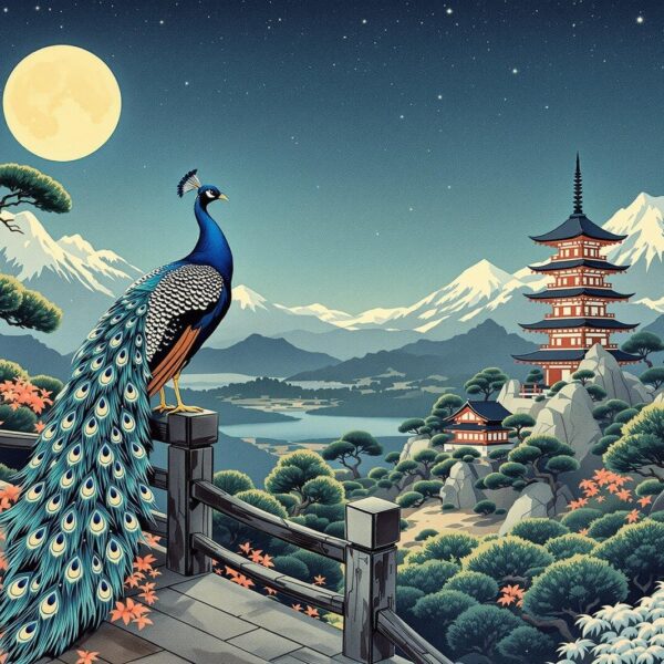 Pauw kijkt uit over Japan ukiyo-e