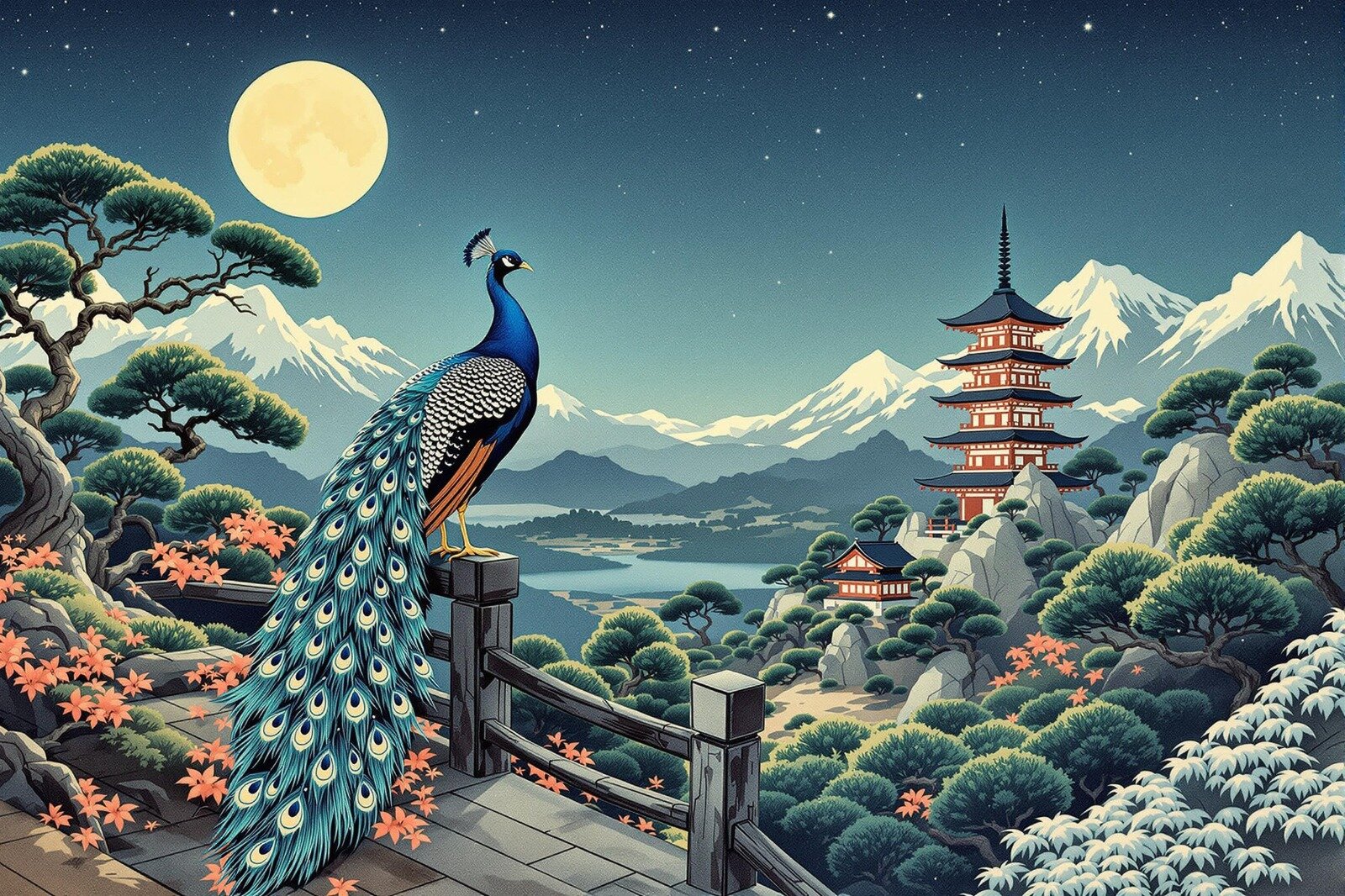 Pauw kijkt uit over Japan ukiyo-e