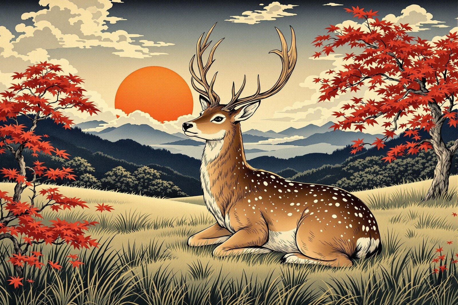 Hert in ukiyo-e stijl