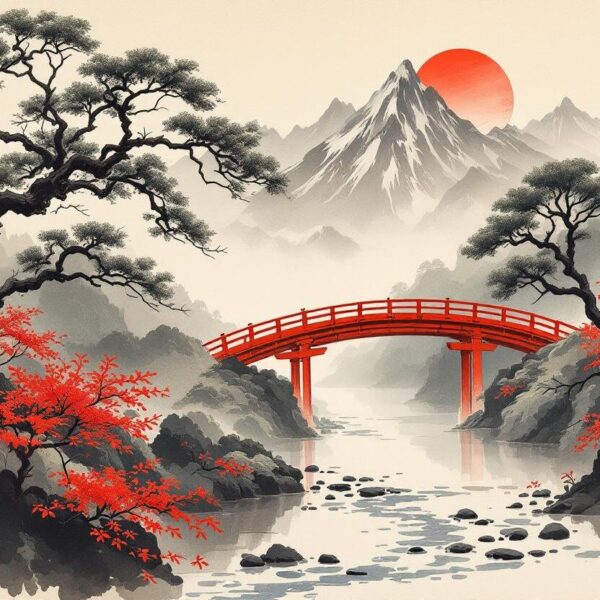 Brug en esdoorn in sumi-e stijl