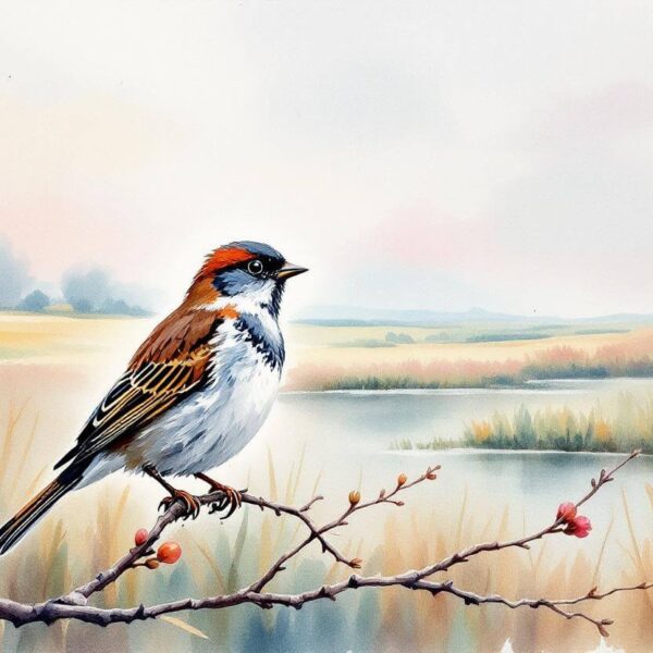 Waterverf vogel met landschap