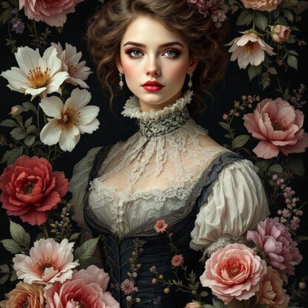 Victoriaans portret met bloemen