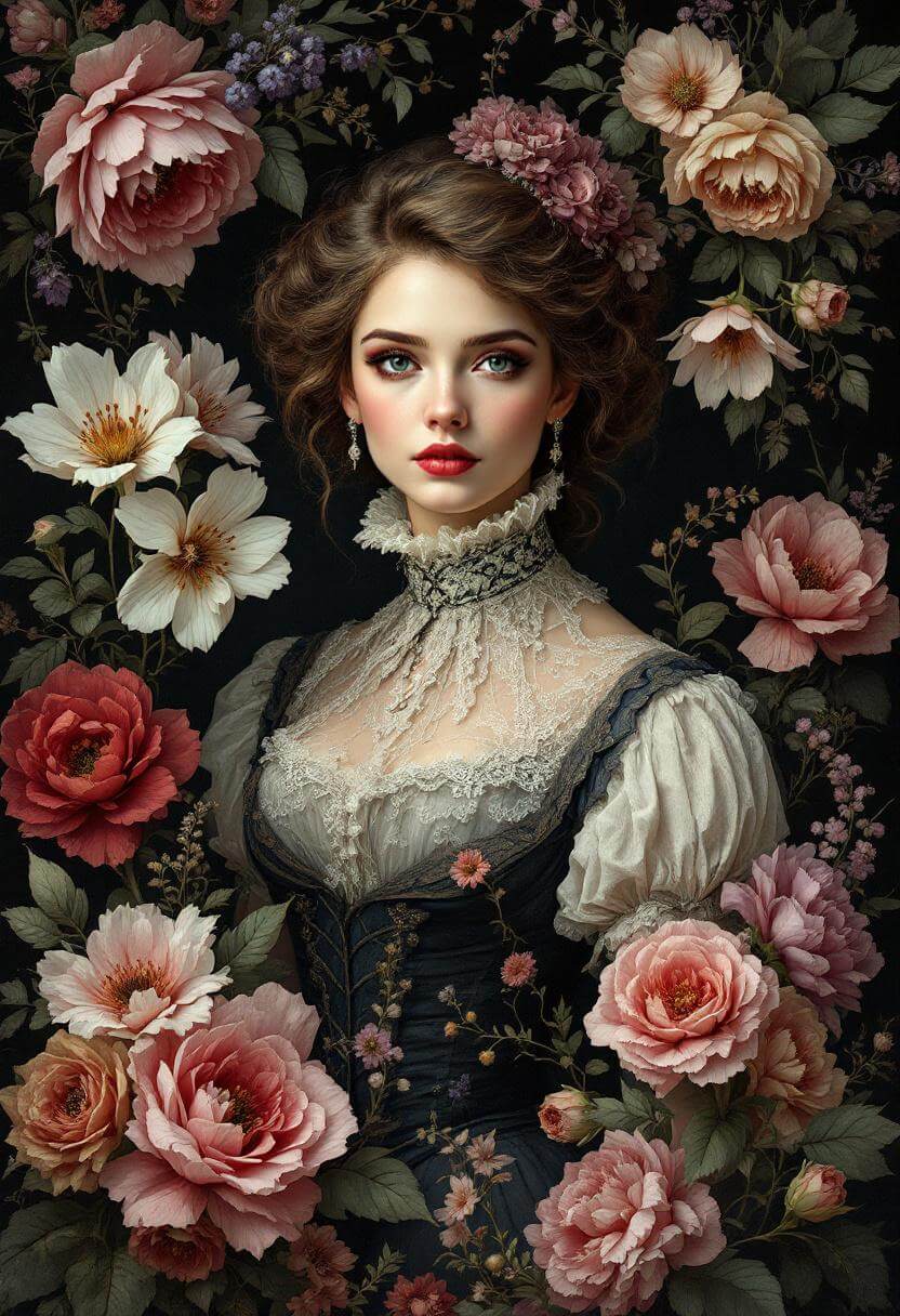 Victoriaans portret met bloemen